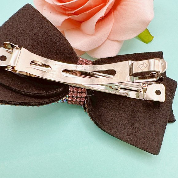 Pink Rhinestone Bow Tie Hair Barrette Medium Size - Picture 5 of 7